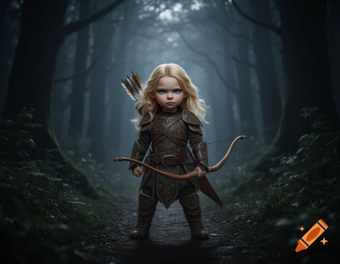 A fierce blonde child in ornate fantasy armor, holding a bow and quiver of arrows, stands on a misty path in a dark forest.