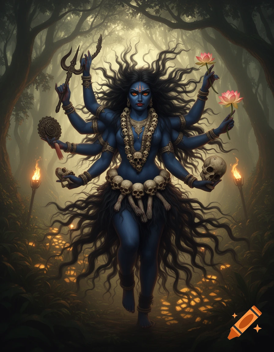 A dark-skinned, multi-armed Hindu goddess Kali with red eyes and flowing hair, adorned with skulls, holds a trident and lotuses in a mystical forest at dusk.