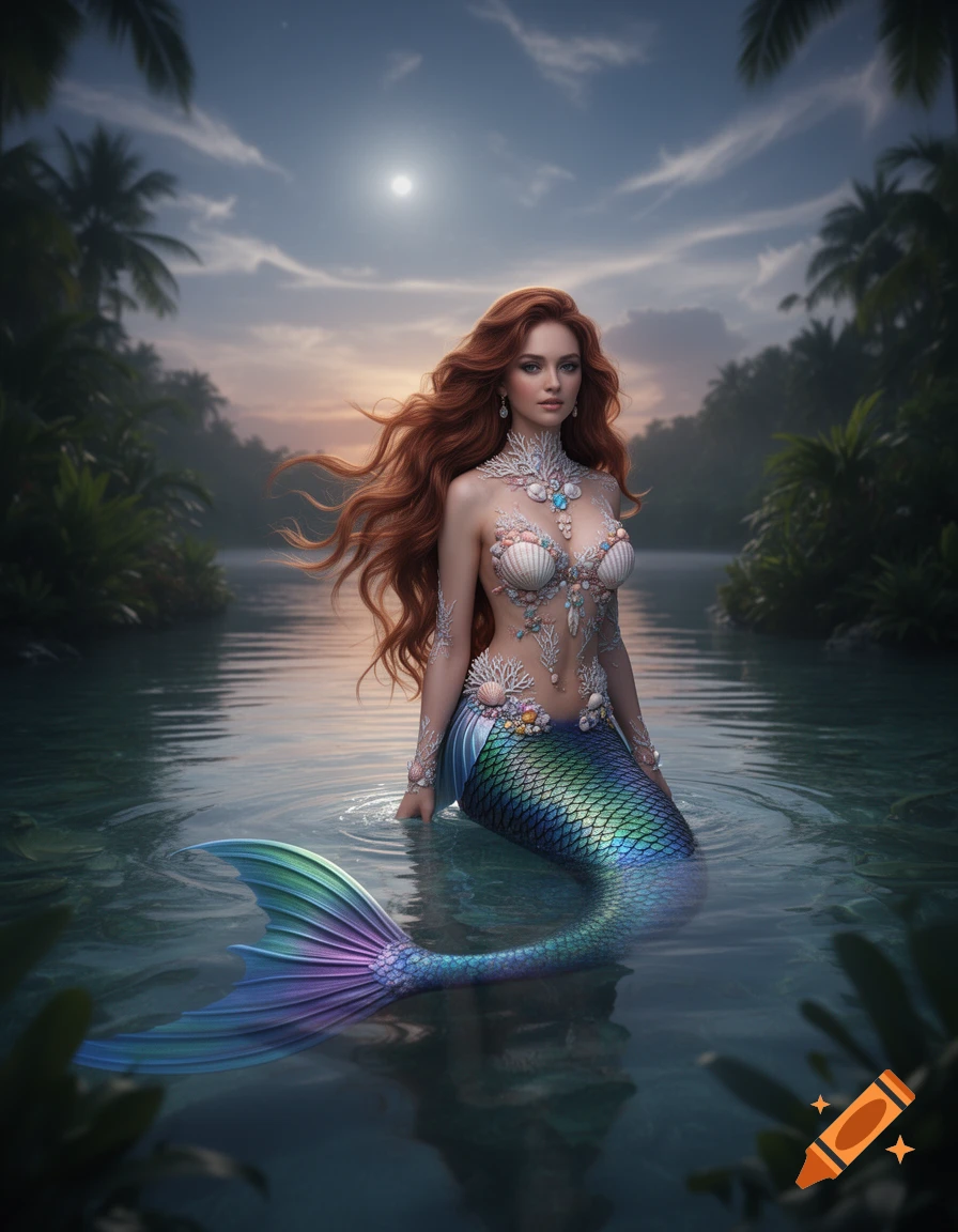 A beautiful mermaid with flowing red hair and a shimmering tail sits in moonlit water, surrounded by tropical trees.