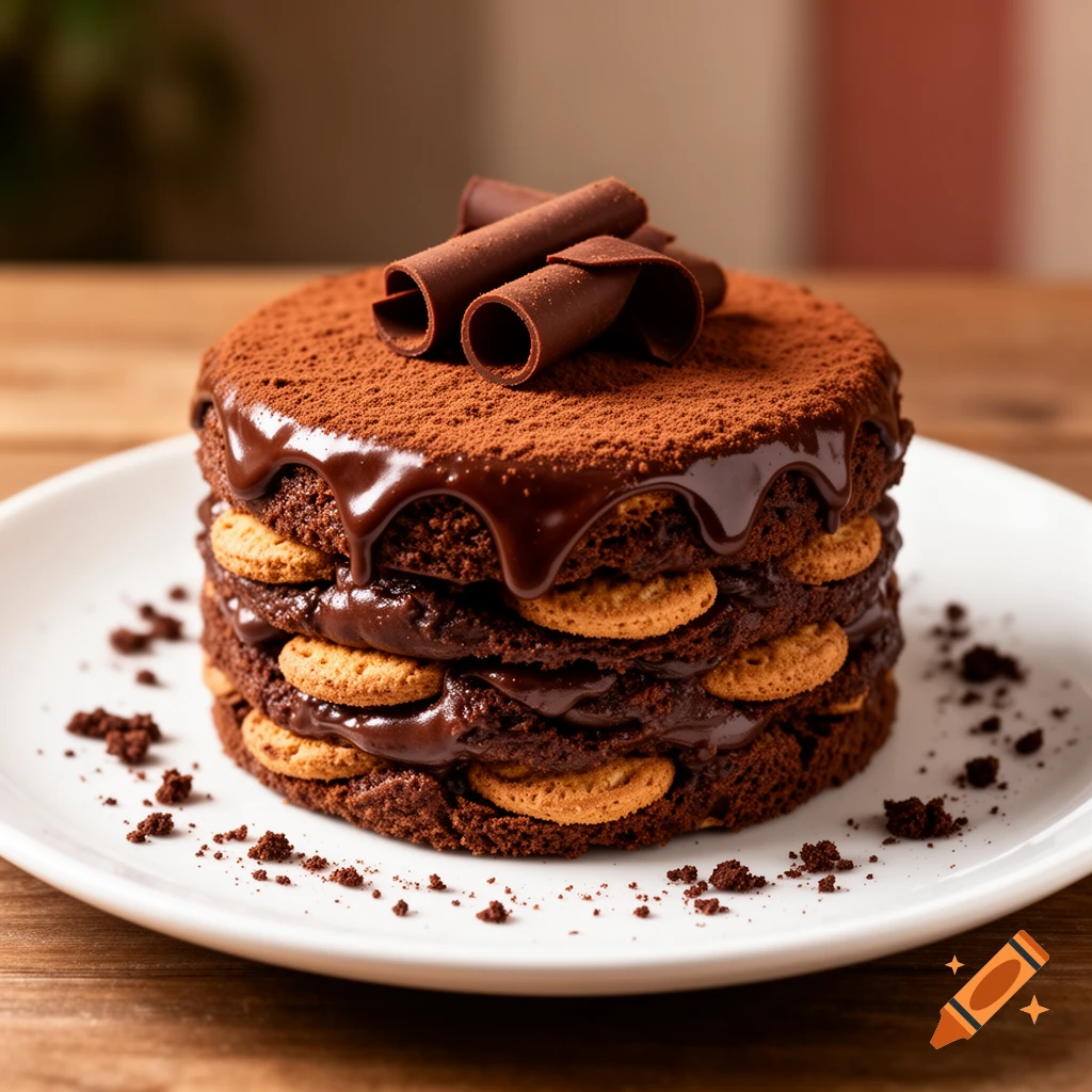 Multi-layered chocolate cake with chocolate frosting, small biscuits, cocoa powder, and chocolate curls on a white plate.
