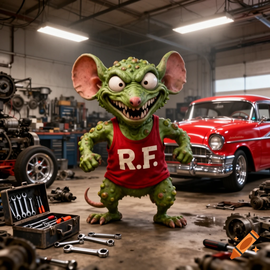 A grinning, grotesque green Rat Fink character in an 'R.F.' tank top stands in a messy auto garage with a red classic car.