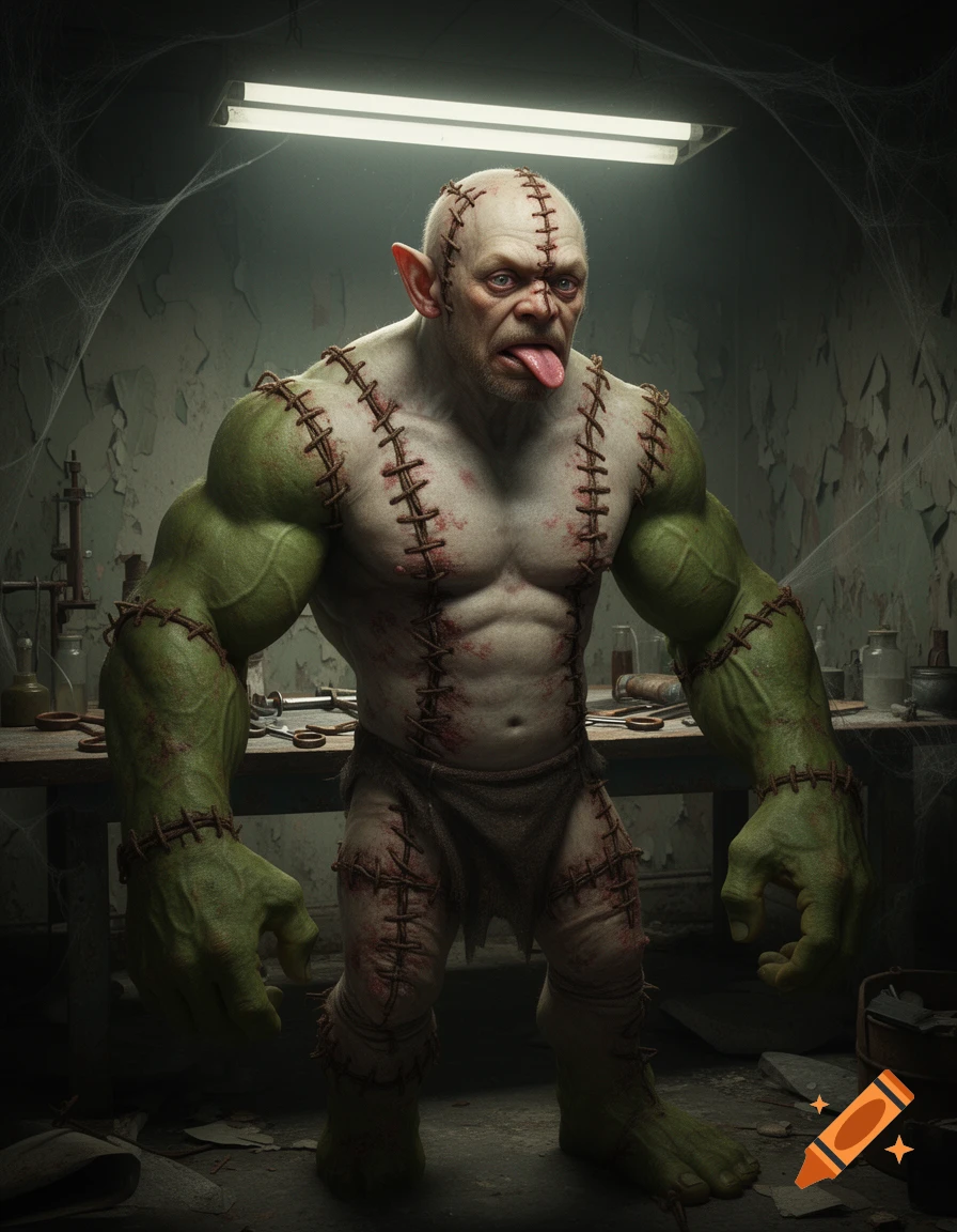 A Frankenstein-like monster with green limbs, a pale head with pointy ears and a protruding tongue, stands in a dark, cobwebbed lab.