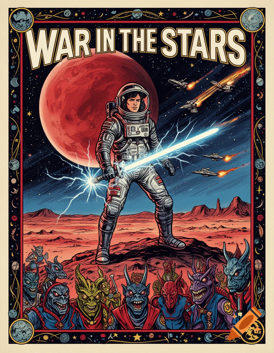 Vintage comic book style poster for 'War in the Stars' depicting an astronaut with a glowing sword on a red planet with aliens.