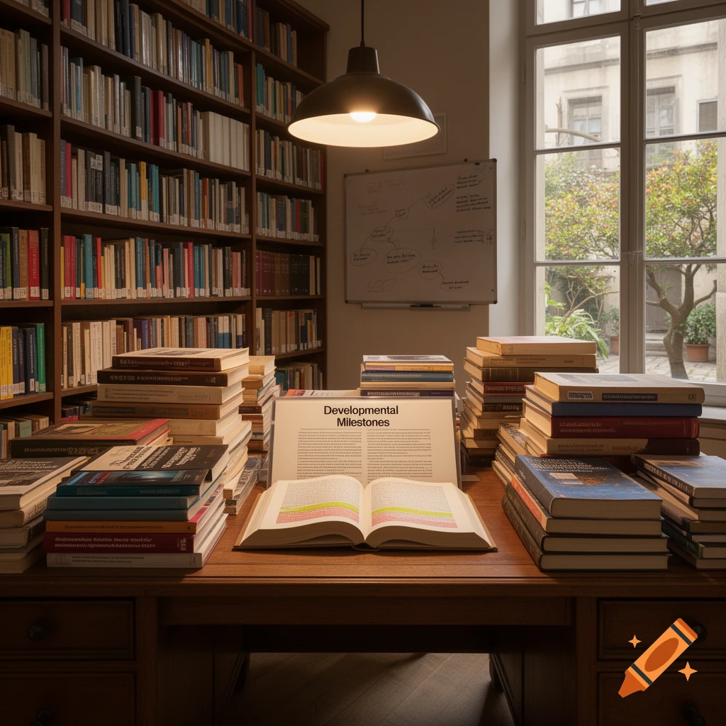 A desk in a library or study room, piled with stacks of books. An open book on the desk displays the title "Developmental Milestones." Bookcases line the walls and a large window looks out to a courtyard.