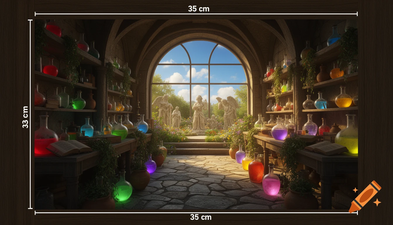 A hyper-realistic old potion shop with shelves of glowing flasks and books, looking out an arched window to a garden with statues.