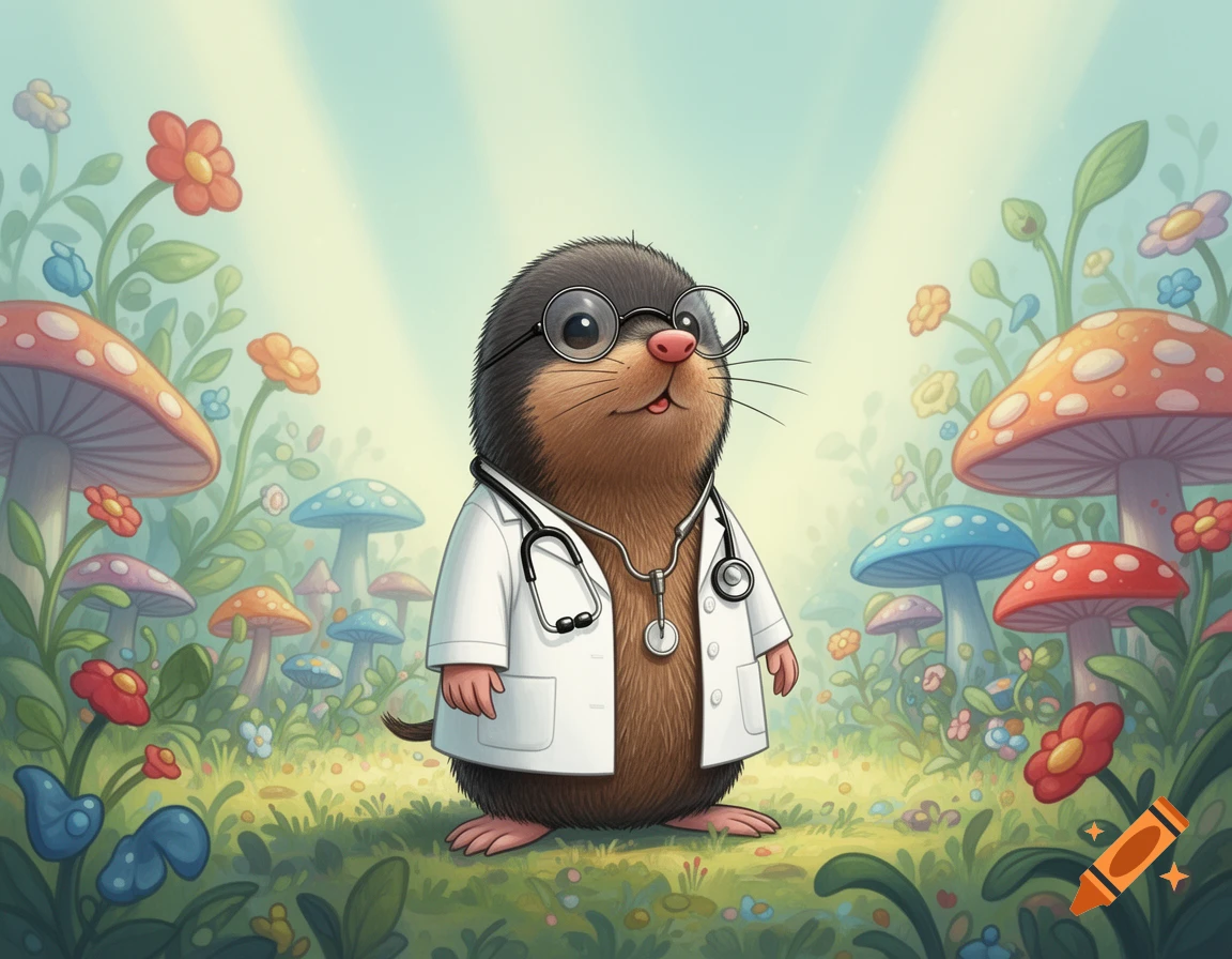 A cute cartoon mole wearing a white doctor's coat and stethoscope, standing in a magical garden with colorful mushrooms and flowers.
