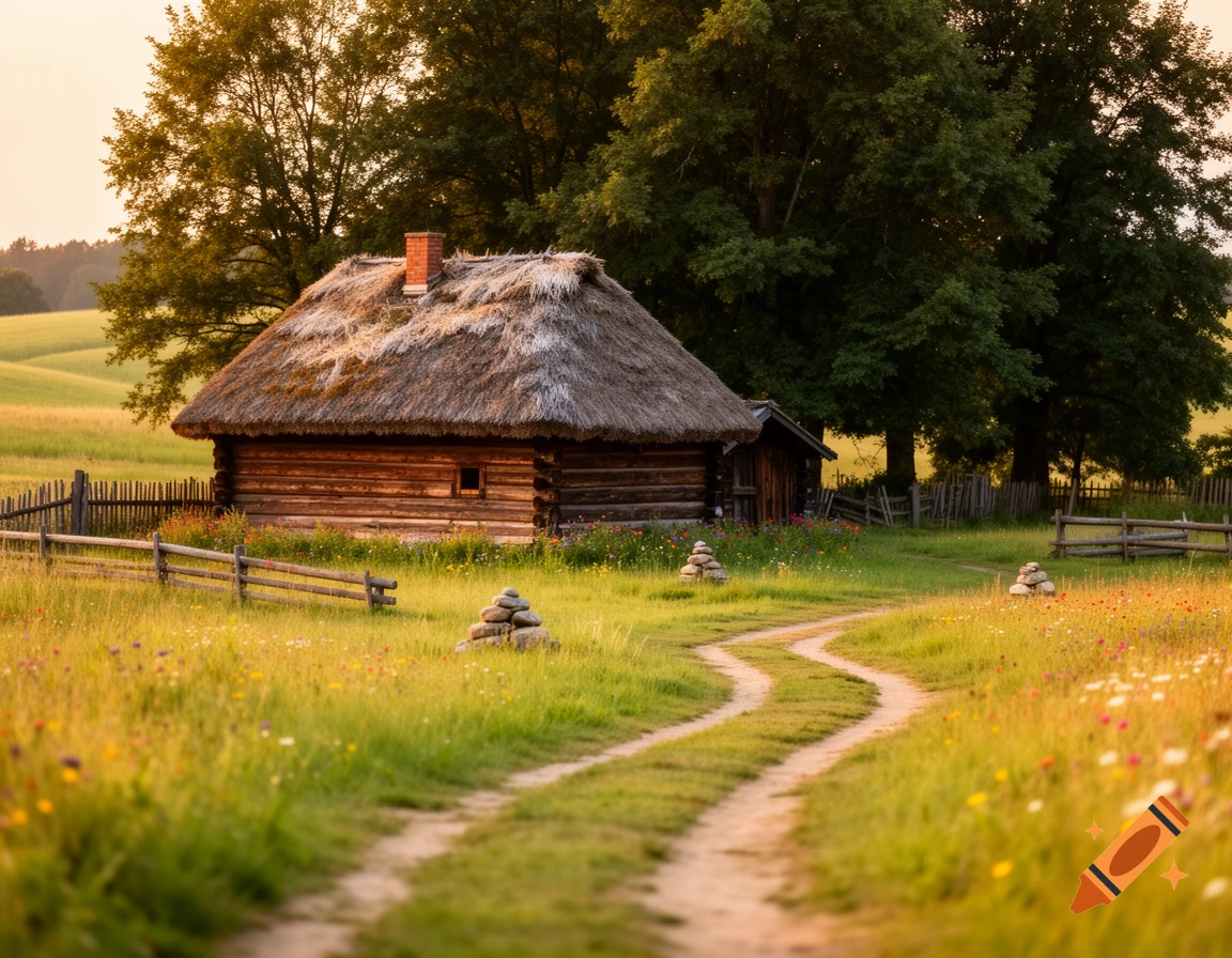 A rustic wooden house with a thatched roof stands in a vibrant meadow with wildflowers and a winding dirt path under a golden sky.