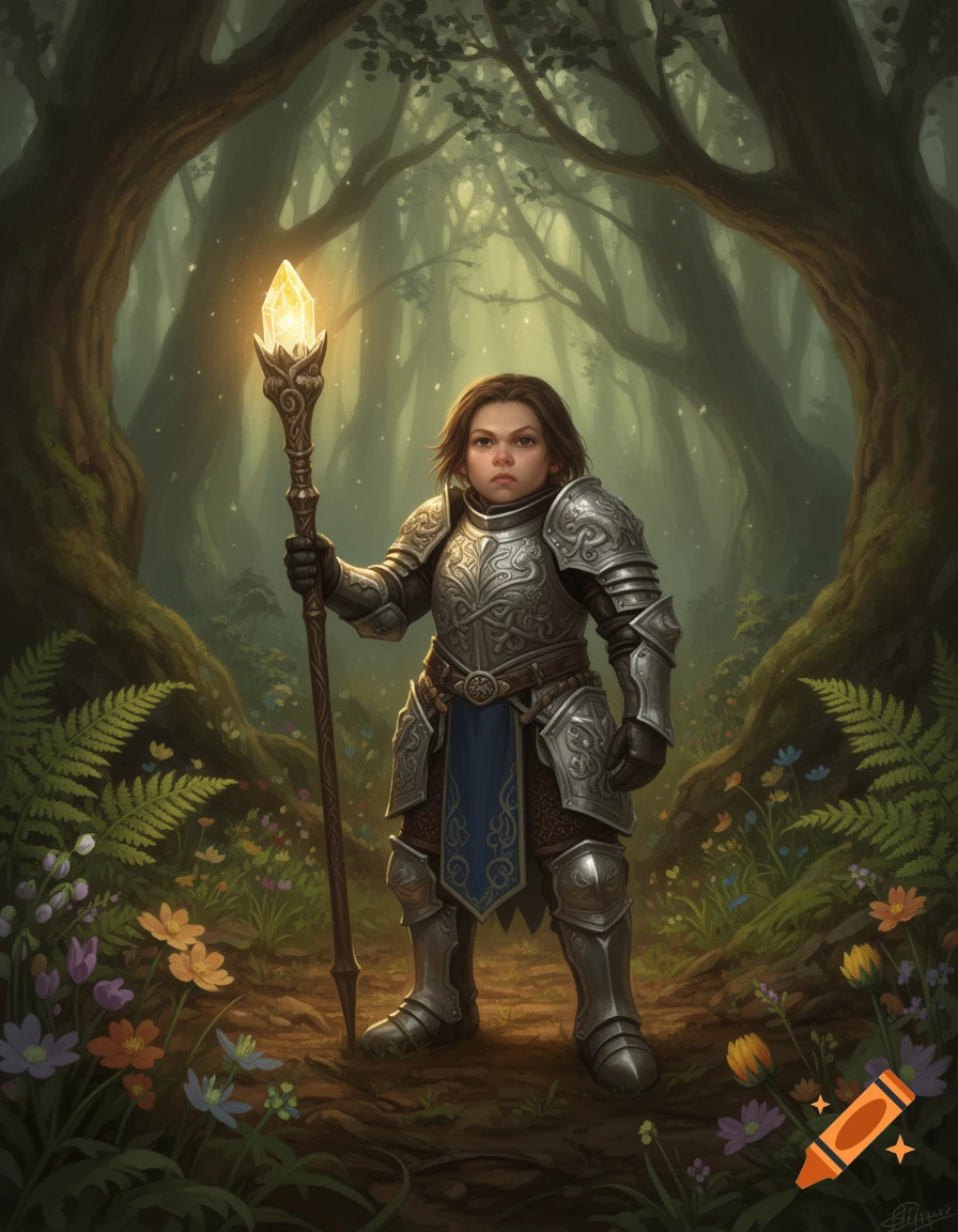 A small human cleric in detailed fantasy armor holds a glowing staff in an enchanted forest, in the style of Dungeons and Dragons.