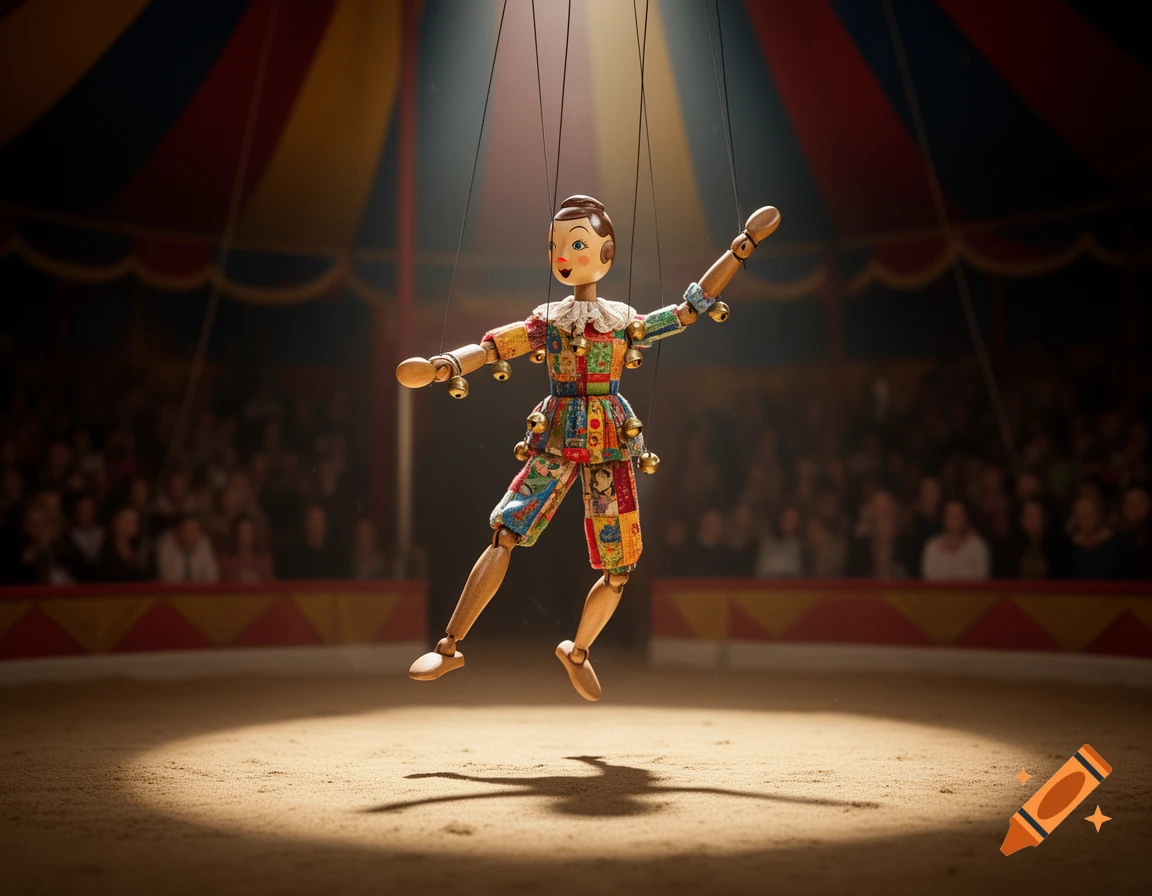A colorful wooden marionette puppet performs under a spotlight in a circus ring.