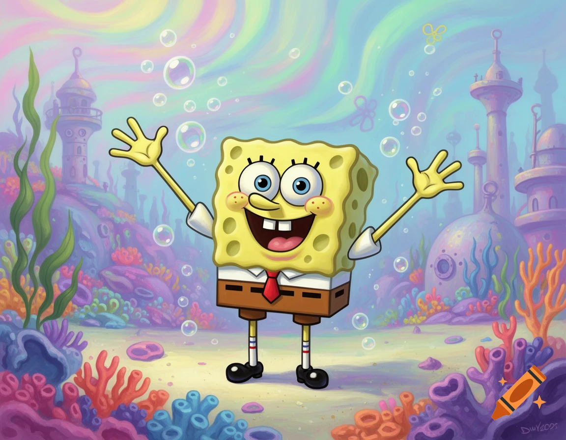 SpongeBob SquarePants smiling underwater, arms raised, surrounded by colorful coral, sea plants, bubbles, and whimsical structures.