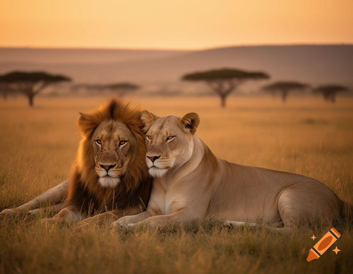 A photorealistic image of a male lion with a mane and a lioness lying together in a grassy savanna at sunset.