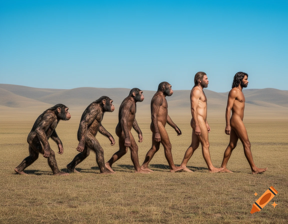 Five figures representing human evolution, from ape to modern man, walk across a vast, sunny plain.