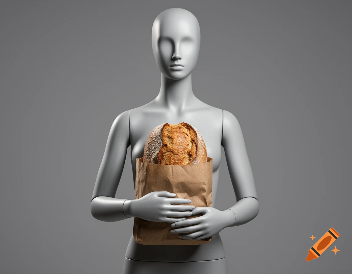 A synthetic mannequin holds a rustic loaf of bread in a brown paper bag, against a plain gray background.