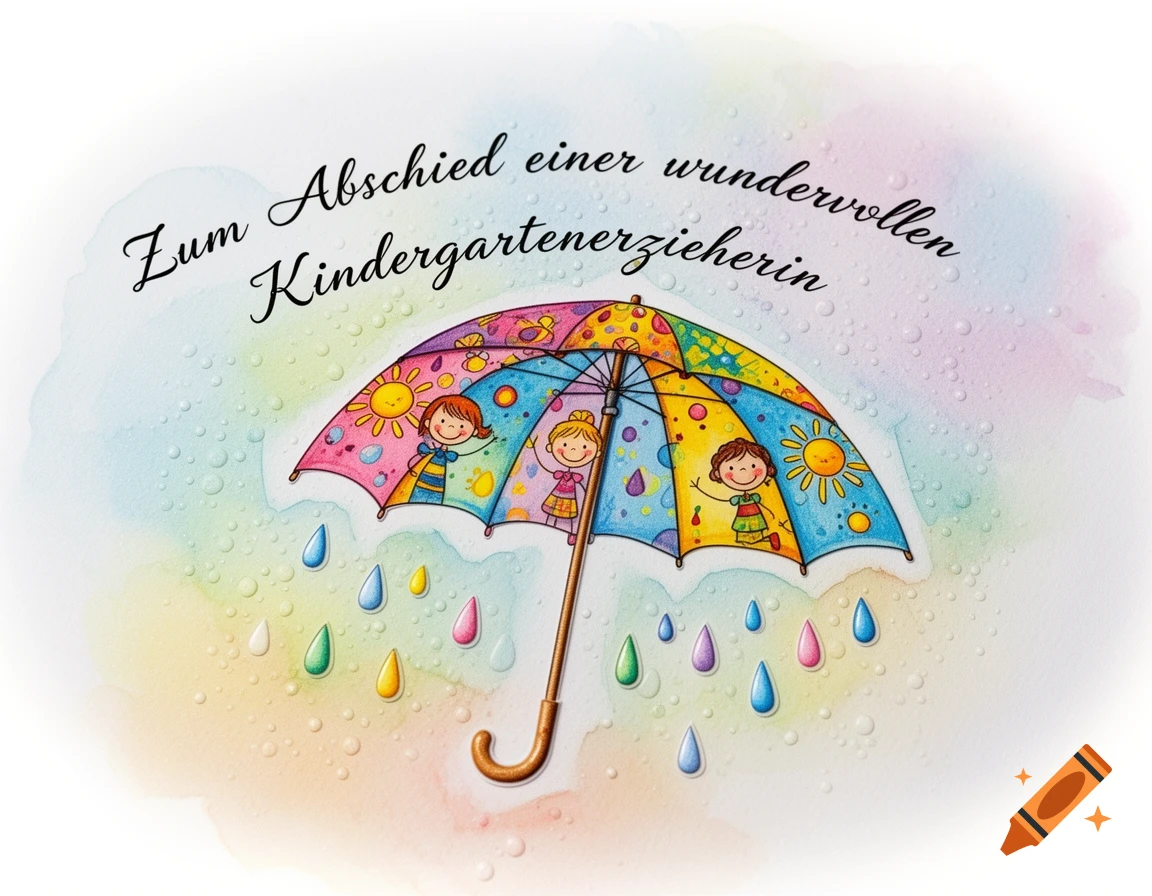 Watercolor illustration of a colorful umbrella with cartoon children, 'Zum Abschied einer wundervollen Kindergartenerzieherin' text, and colorful raindrops.