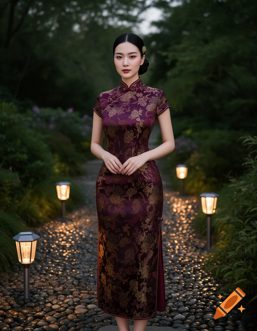 A woman in a maroon floral cheongsam stands on a cobblestone path lined with glowing lanterns in a dark garden.