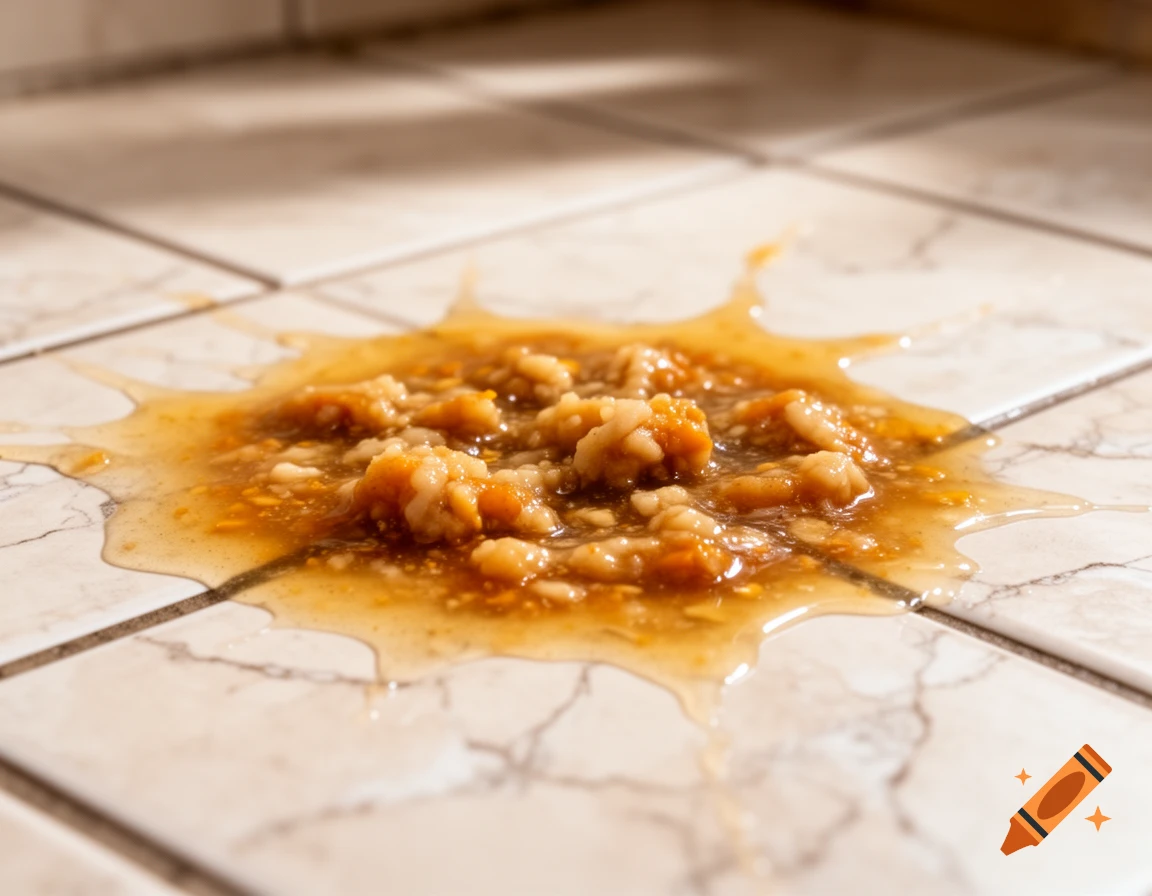 Chunky vomit splattered across light-colored tiled flooring.