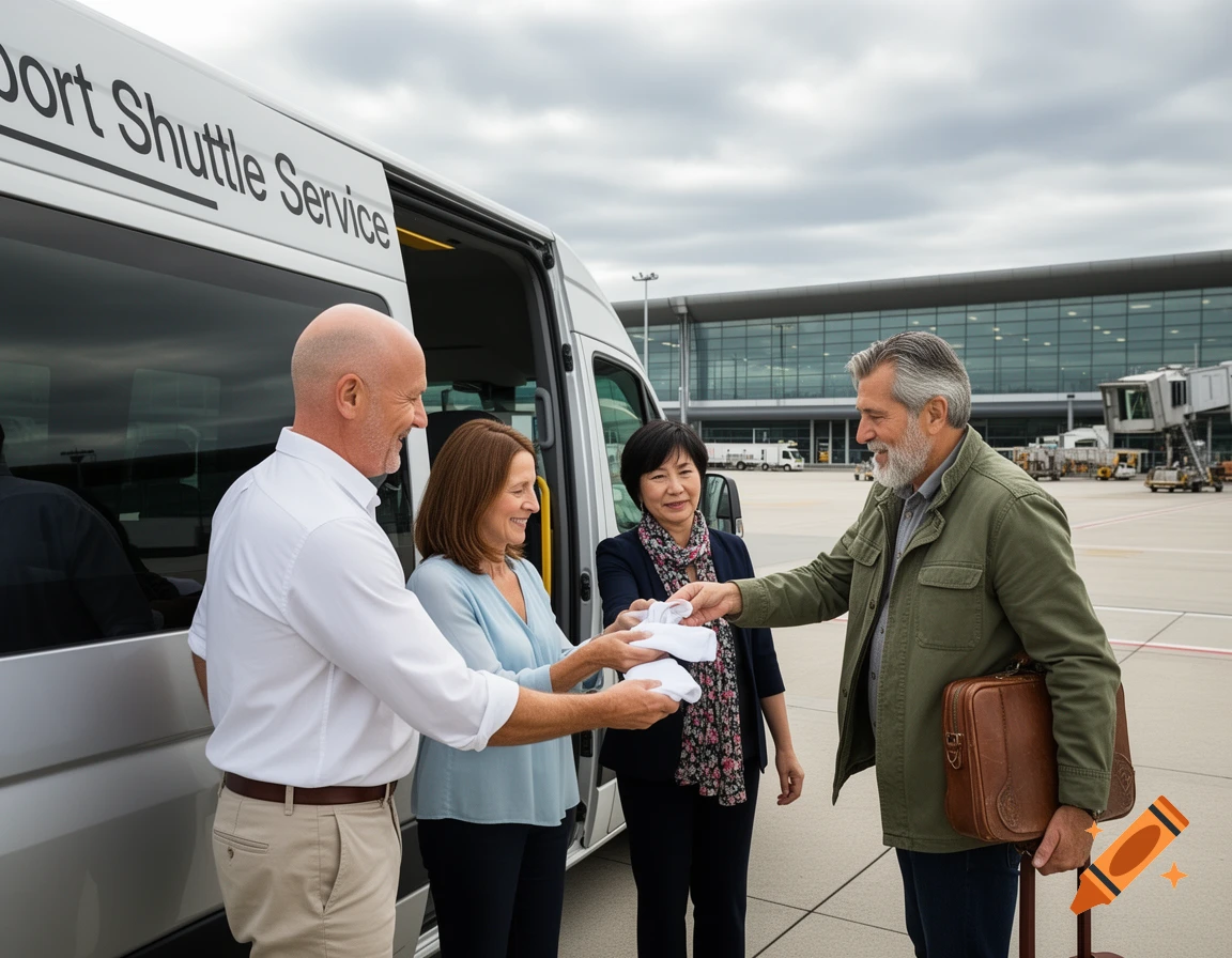 A bald man hands towels to three middle-aged travelers getting into an airport shuttle van.