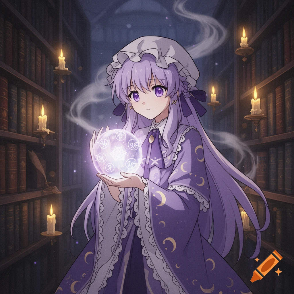 Anime girl with purple hair and dress holds a glowing magical orb in a candlelit library.