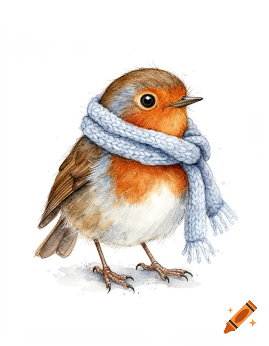 Cute watercolor painting of a robin with an orange chest wearing a light blue knitted scarf.