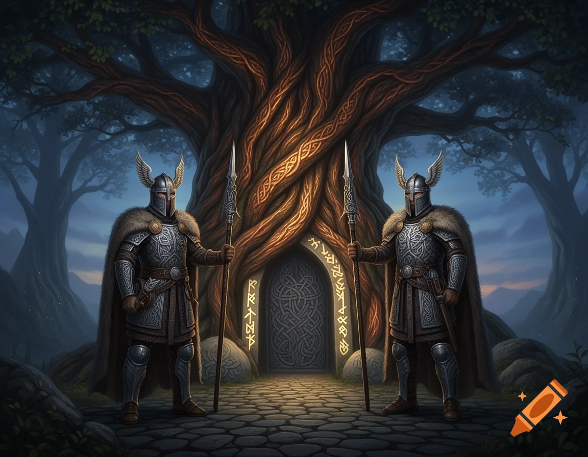 Two armored Nordic guards with winged helmets stand at the glowing, root-like entrance of Yggdrasil, holding spears in a dark forest.