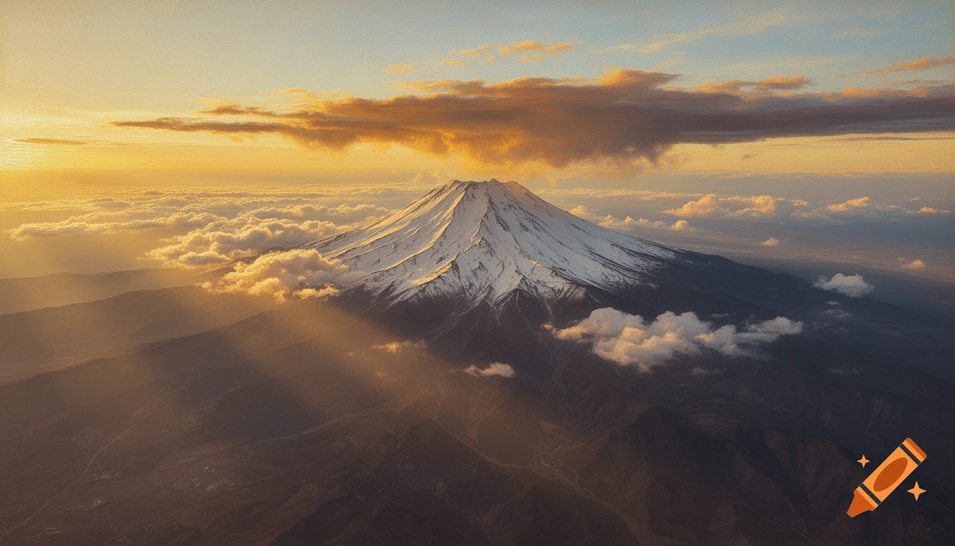 Aerial view of a snow-capped mountain rising above golden clouds at sunrise, with an oil painting texture.