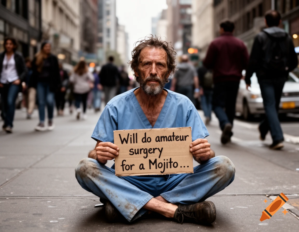 A disheveled man in blue scrubs sits on a city street, holding a sign that reads 'Will do amateur surgery for a Mojito...'