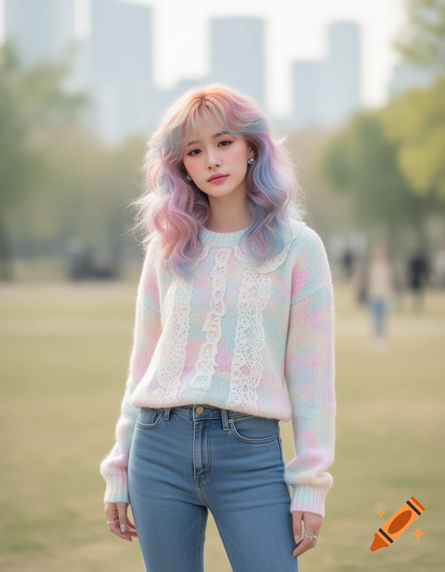 A person with pastel rainbow hair, wearing a pastel sweater with lace and blue jeans, stands in a park with blurred city buildings.