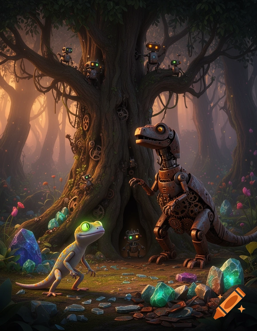 A glowing-eyed robot gecko faces a rusty robot dinosaur in a magical forest with a large tree, small robots, and glowing crystals, children's book art.