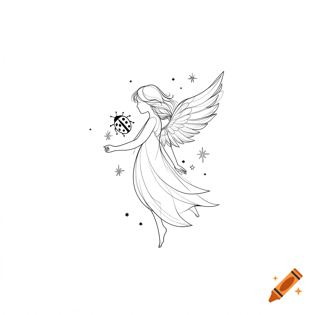 Minimalist black and white line art drawing of a gentle, winged angel interacting with a ladybug, surrounded by fine stars.