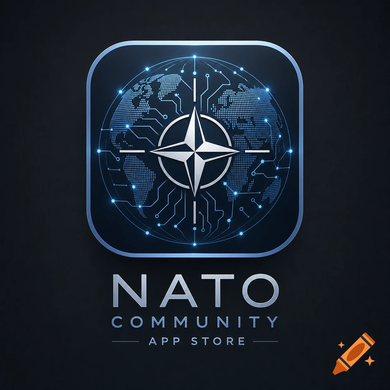 A professional app logo featuring the NATO compass rose over a digital globe with circuit patterns, text "NATO COMMUNITY APP STORE", on a dark background.