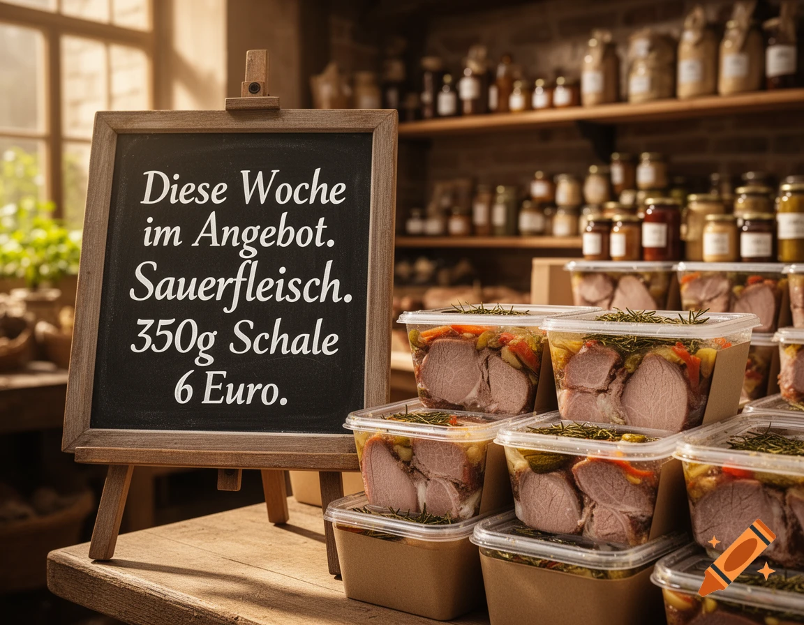 Chalkboard sign advertising 'Sauerfleisch' for 6 Euro, beside clear containers of the meat in a rustic deli.