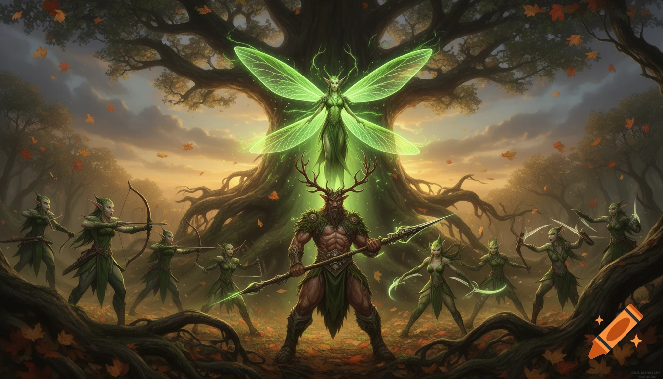 An epic fantasy digital illustration of a glowing green fairy queen above a horned king with a spear, flanked by wood elf archers and warriors in a mystical forest.