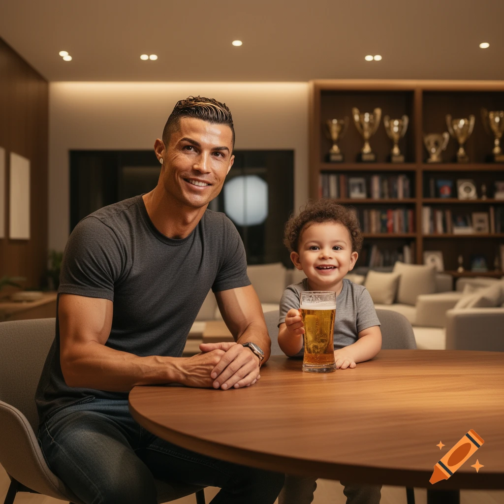 Photorealistic image of Cristiano Ronaldo and a young child smiling, sitting at a table with the child holding a glass of beer, in a modern living room.