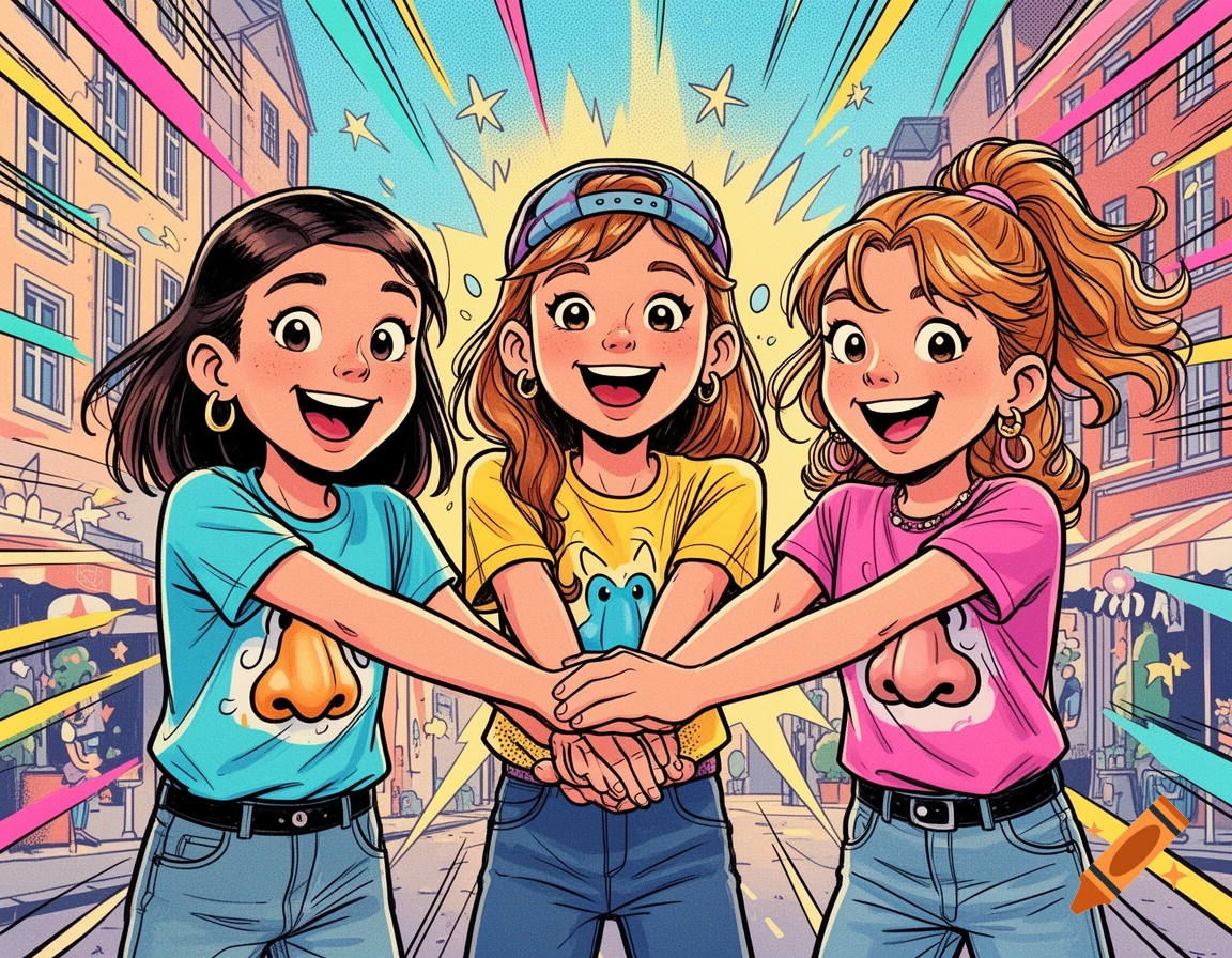 Comic-style illustration of three smiling girls in a city street, holding hands in a team huddle, wearing nose-print t-shirts.