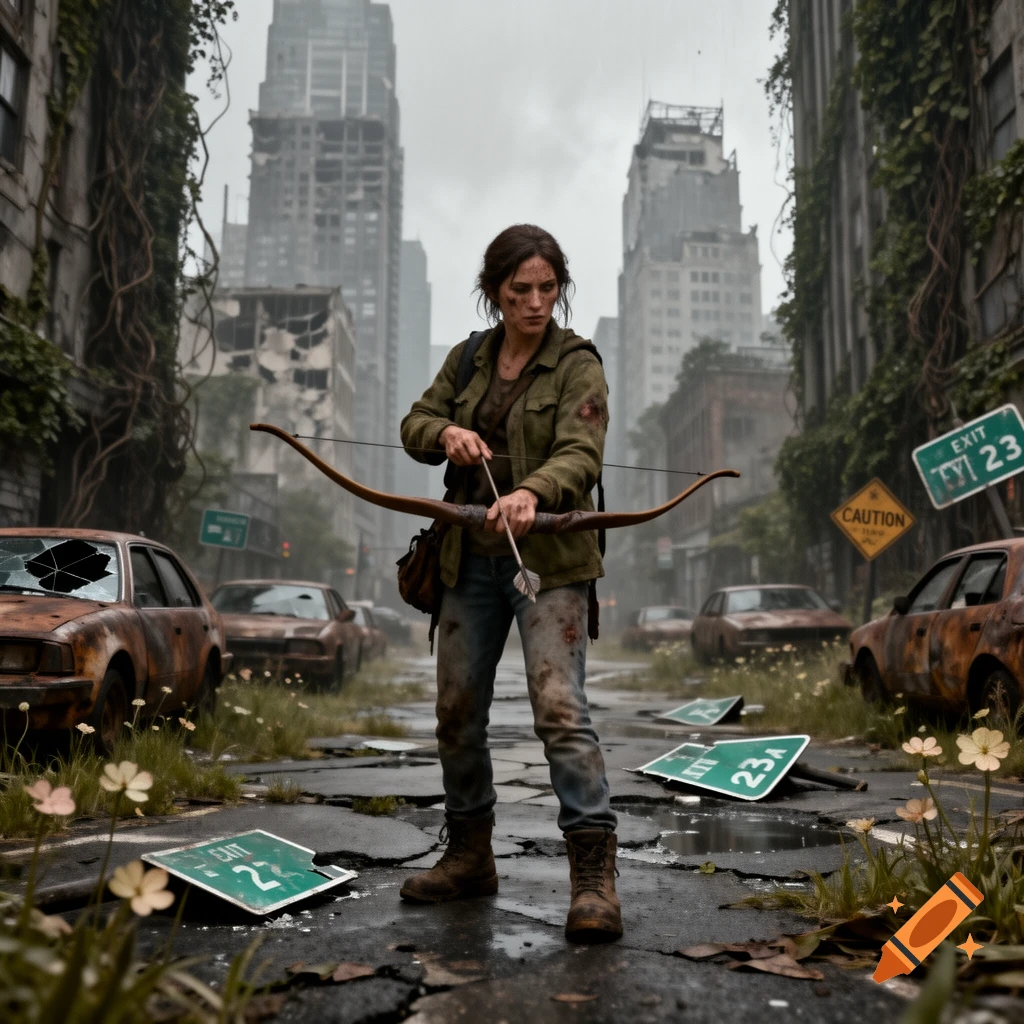 A woman with a bow and arrow stands in a ruined, overgrown city street with abandoned cars and destroyed buildings in a photorealistic style.