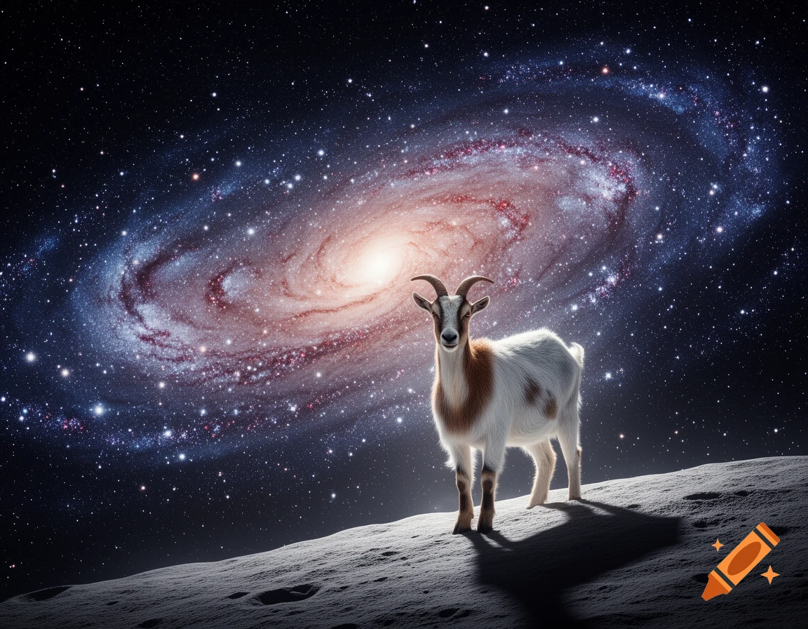 A photorealistic goat stands on a rocky moon surface under a starry night sky with a large spiral galaxy.