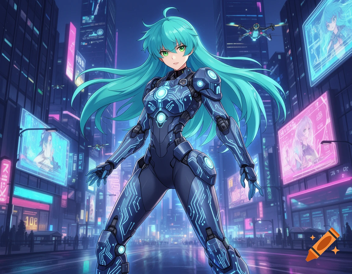 Anime girl in a blue mecha suit stands in a neon-lit cyberpunk city with flying drones and holographic billboards.