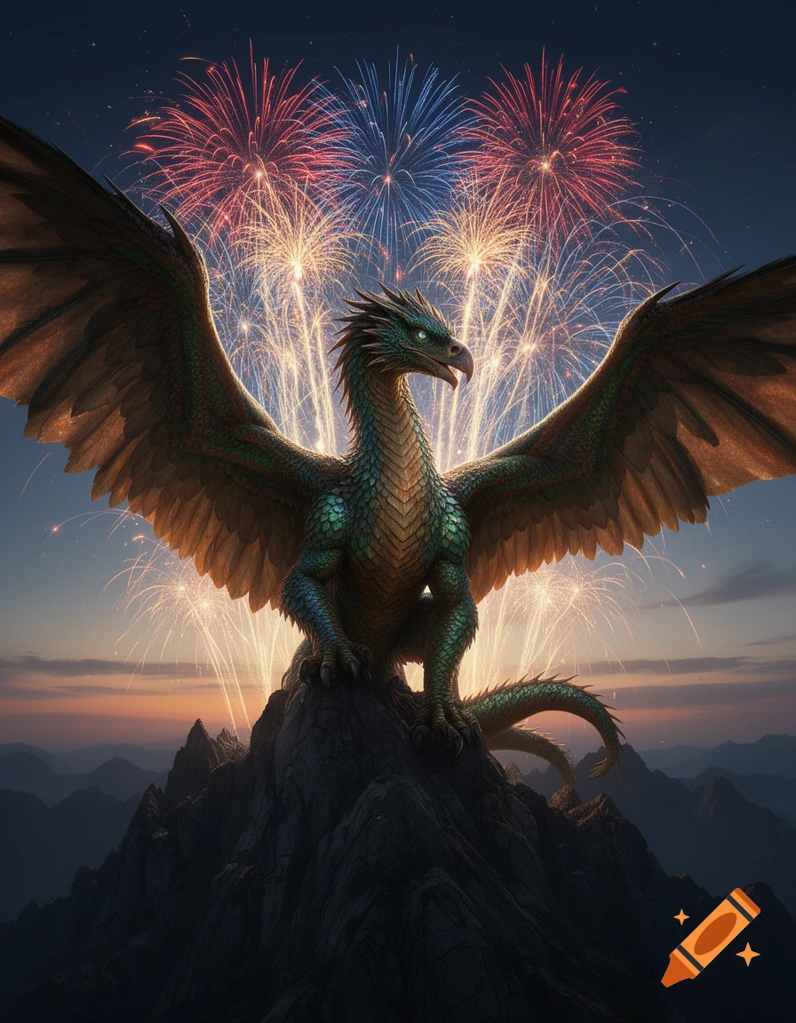 A majestic green and gold winged dragon perched on a mountain peak, with colorful fireworks exploding in the night sky.