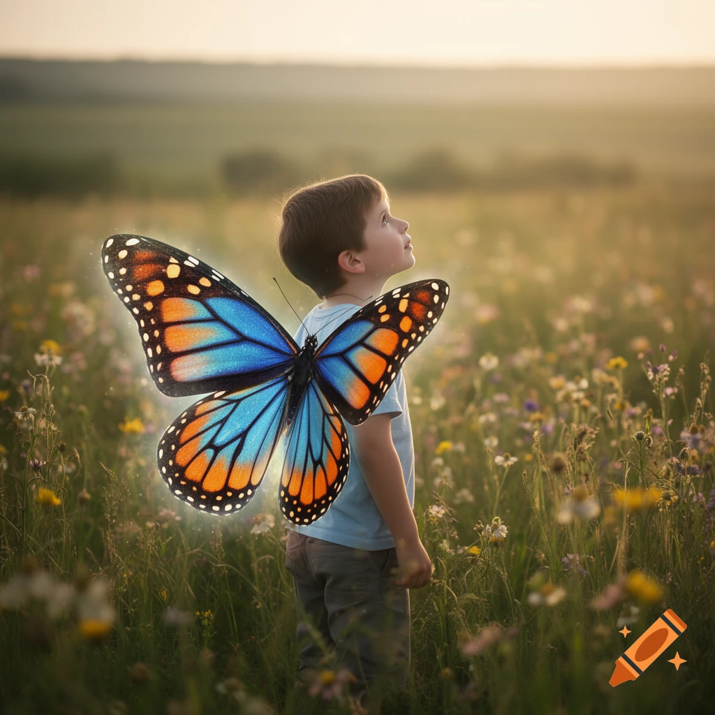 A young boy with vibrant blue and orange butterfly wings stands in a sunny, grassy field, looking up.