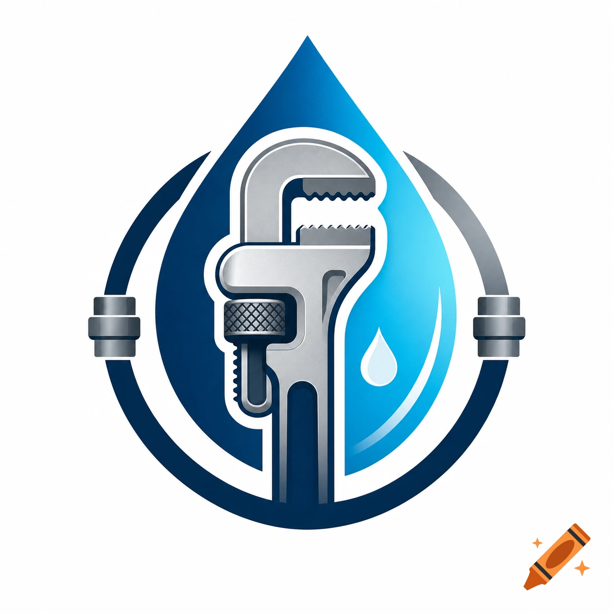 Logo featuring a silver pipe wrench inside a blue water drop, encircled by pipe segments.