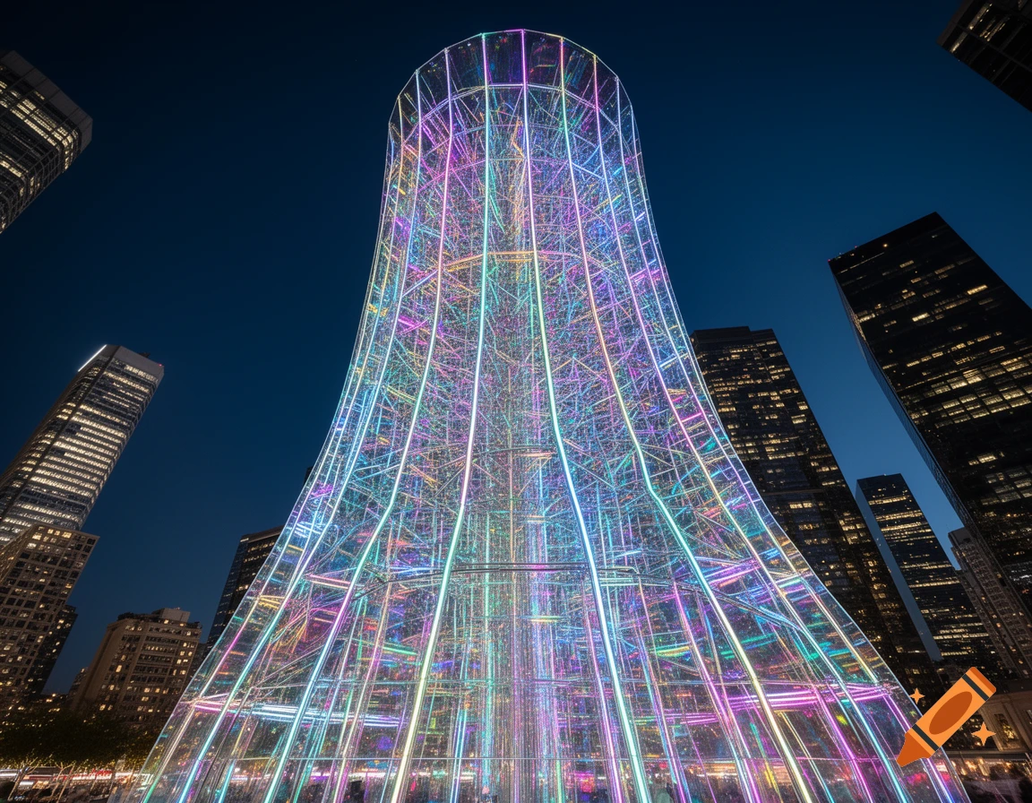 A large, ornate structure made of glass and neon lights, glowing with multiple colors against a dark night sky, surrounded by tall city buildings.