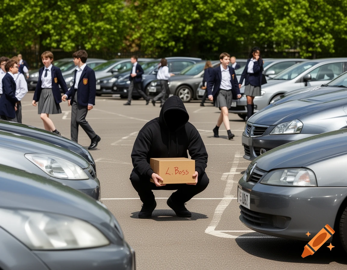A hooded figure crouches between cars in a sunny parking lot, holding a cardboard box labeled 'L. Boss', with school children in uniforms walking in the background.