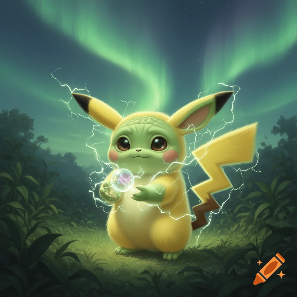 A cute, green-faced creature resembling Grogu with Pikachu's yellow body, ears, and lightning bolt tail. It holds a glowing orb, surrounded by electricity, under a green aurora sky in a forest.