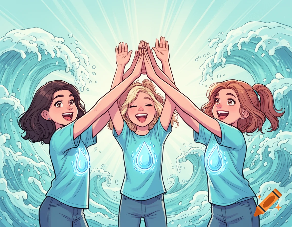 Comic art of three smiling girls in light blue shirts with water symbols, high-fiving under large stylized waves and sun rays.