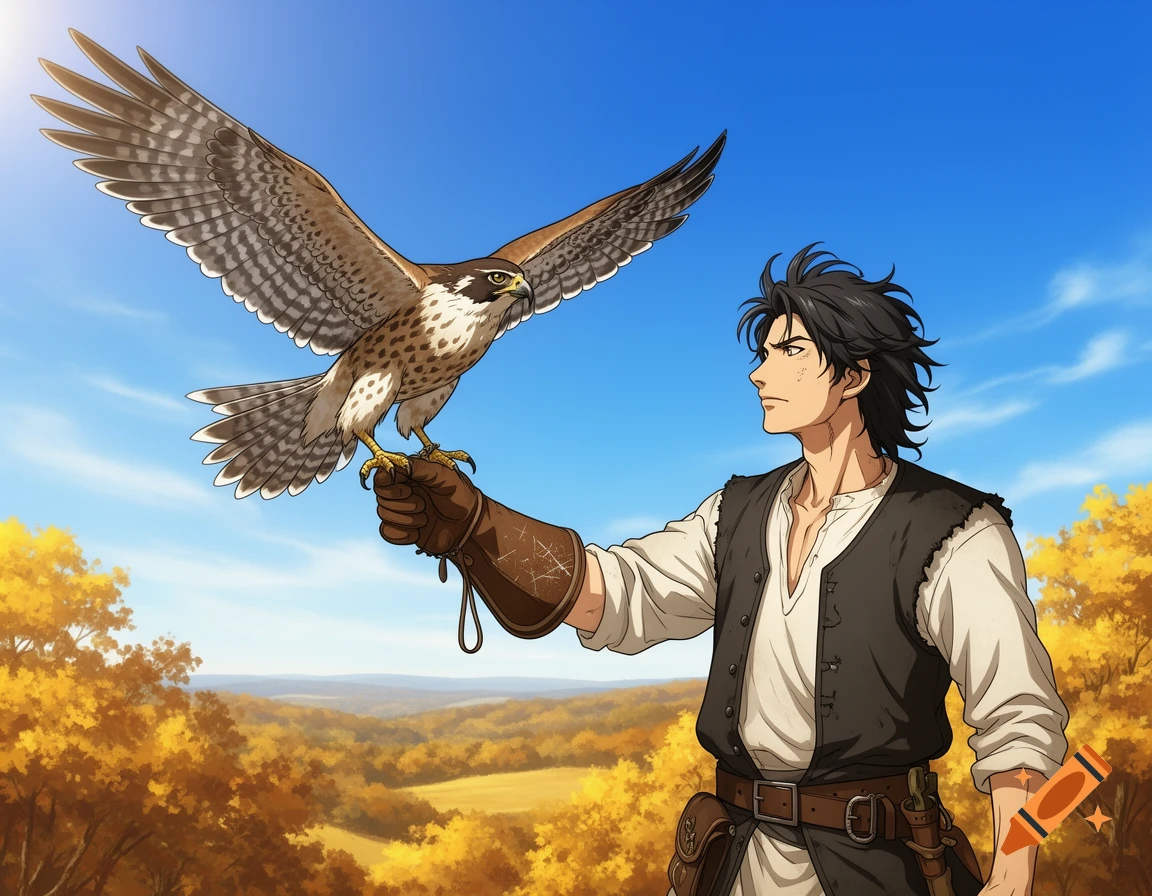 Anime-style man in a vest holding a large falcon on his gloved arm, set against a vibrant autumn landscape under a clear blue sky.
