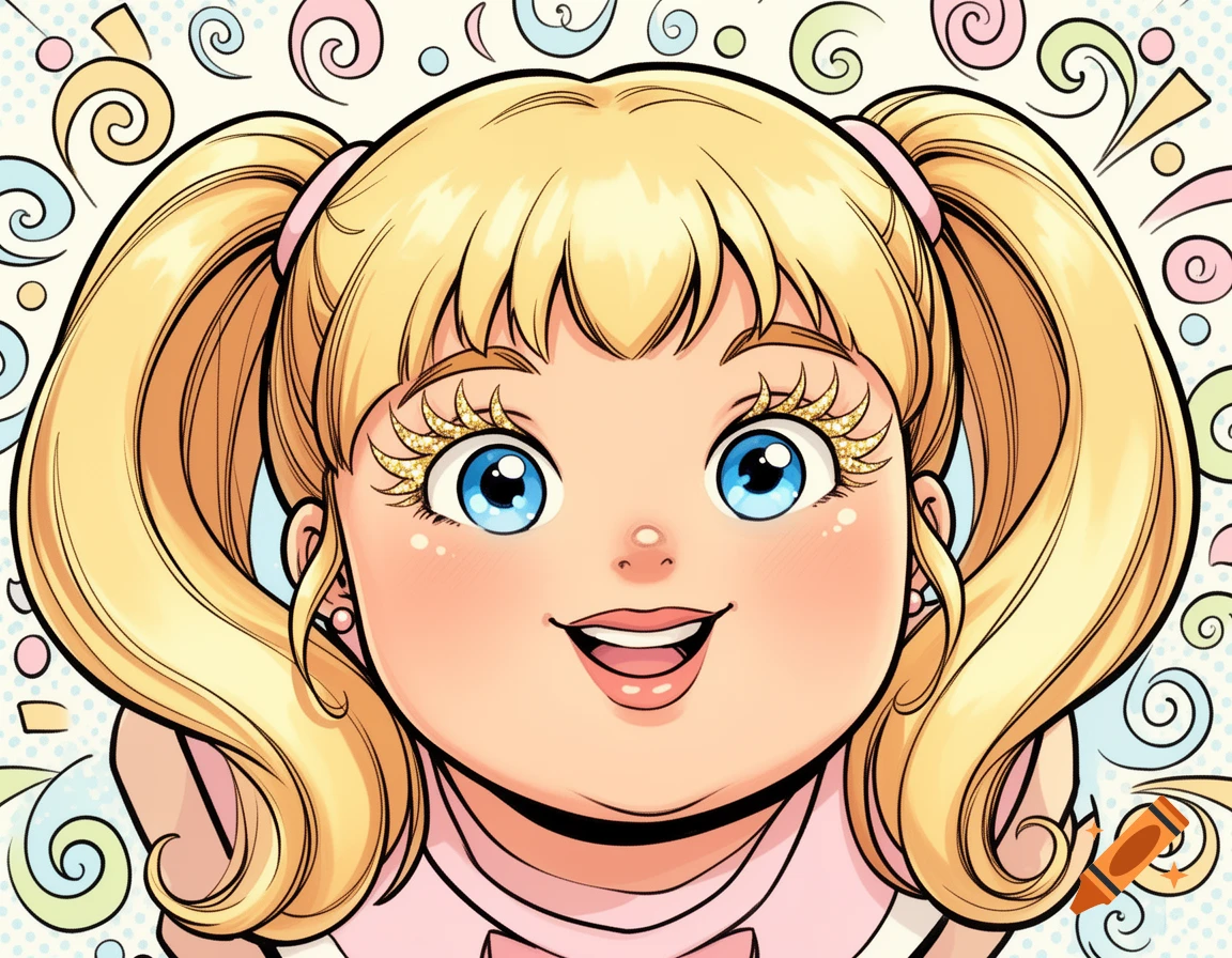 A close-up comic art portrait of a smiling girl with blonde pigtails, blue eyes, and sparkly eyelashes, against a whimsical swirled background.