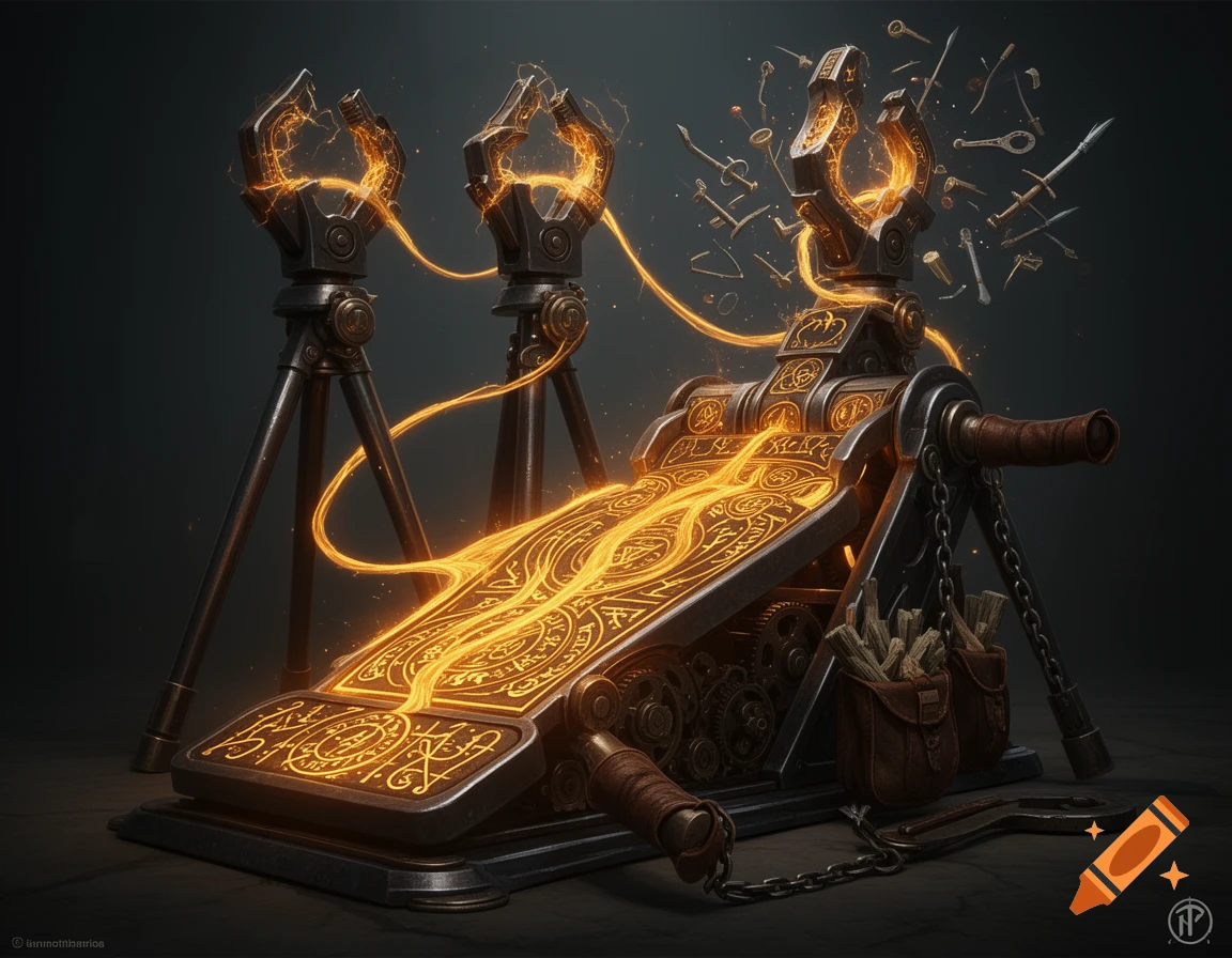 A steampunk fantasy weapon, a large, ornate metal device with a glowing runic pedal, tripod legs, and magic clamps spawning tools.