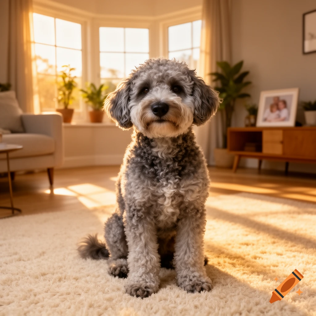 A cute grey groodle dog sits on a fluffy white rug in a sunlit living room.