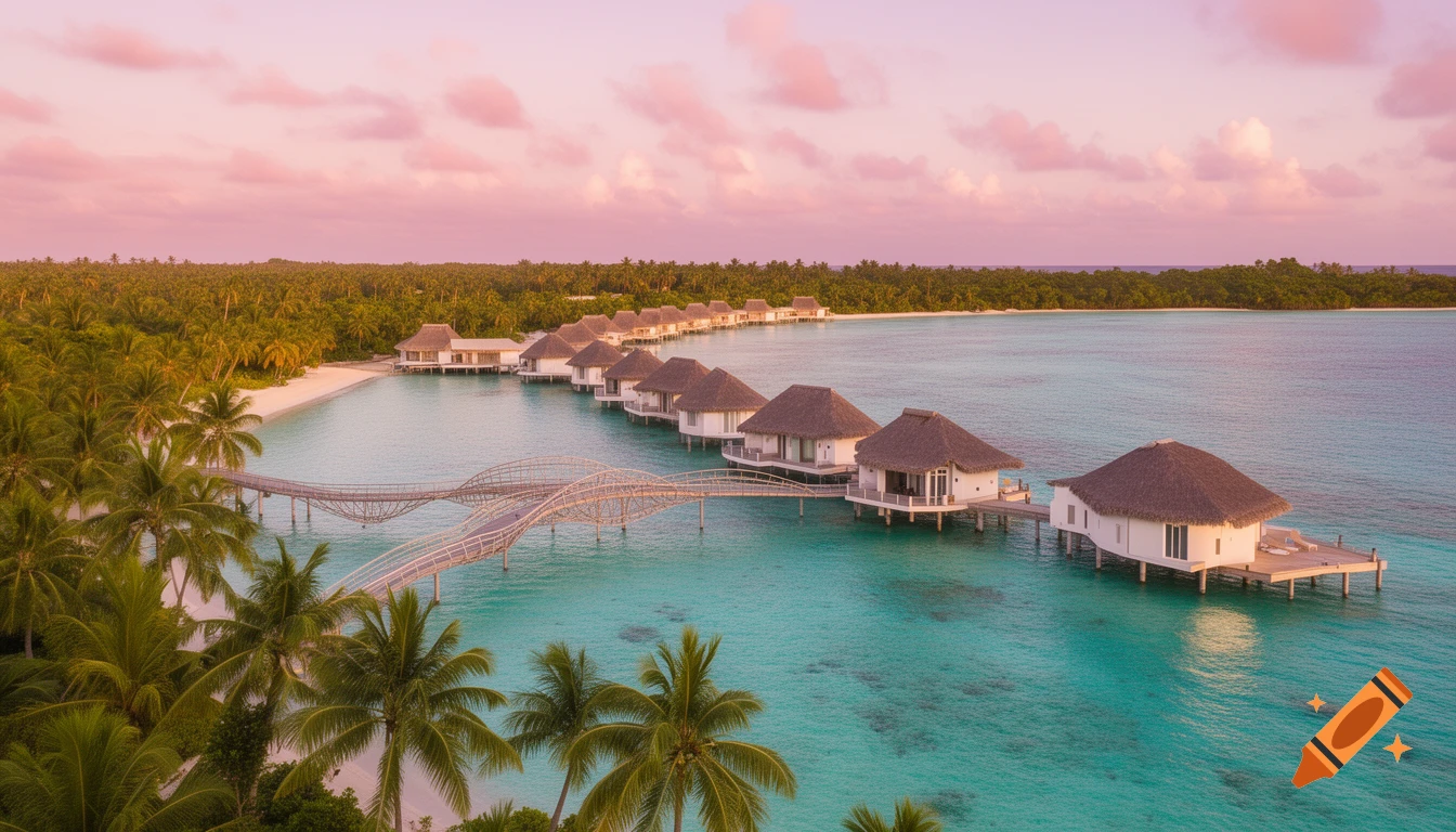 Overwater bungalows with thatched roofs, connected by a winding bridge, in turquoise water next to a palm-lined beach under a pink sunset.