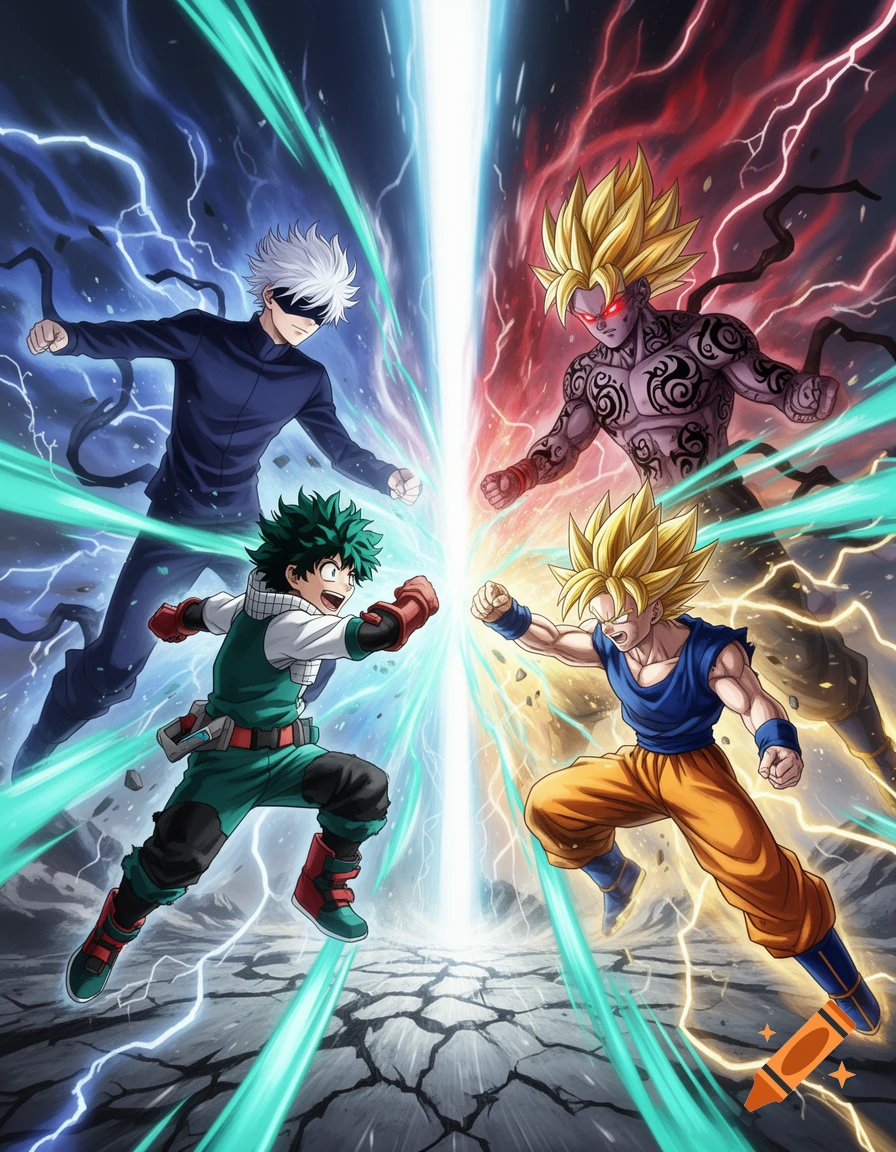 Anime battle with Gojo and Deku on the left, and Goku and a dark Saiyan on the right, amidst lightning.